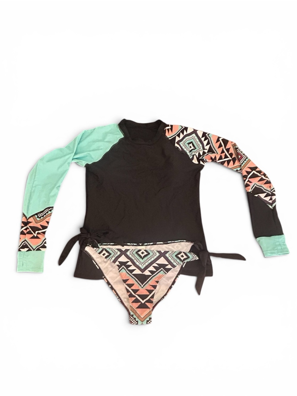 Amazon Women Swim Long Sleeve Rash Guard Set in Black, Mint & Coral Aztec